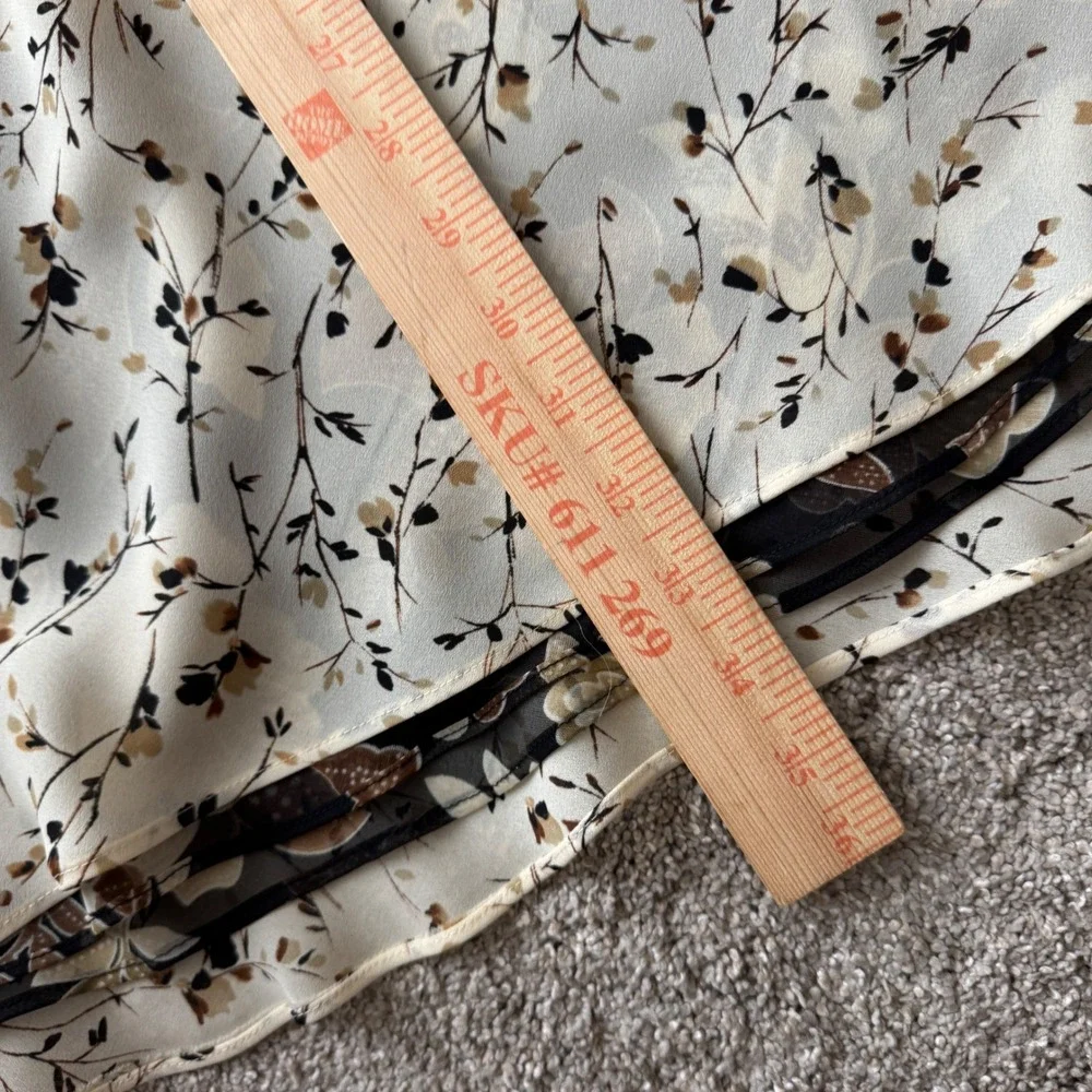 Vintage Floral Chiffon Midi Slip Skirt Brown Cream Reversible Large Flowy Earthy